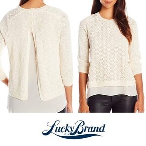 Lucky Brand Cream Crewneck Lace Overlay - S